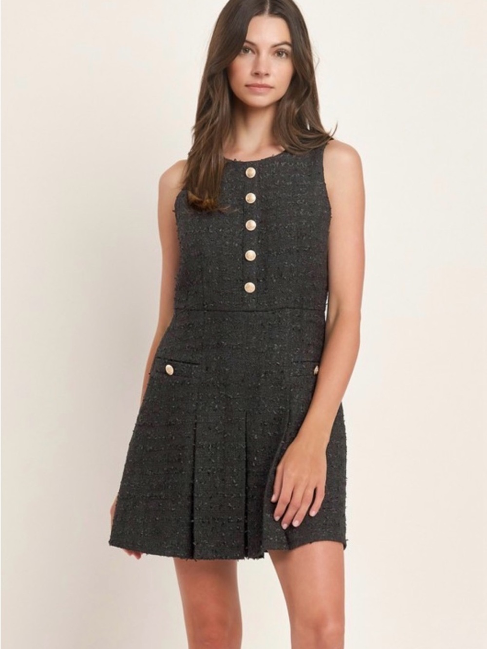 NWT Able Sleeveless Tweed Black Mini Dress with Gold Buttons